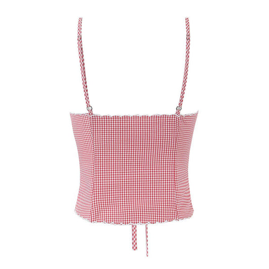 European And American Style V-neck Embroidery Plaid Sling Small Tank Top Women