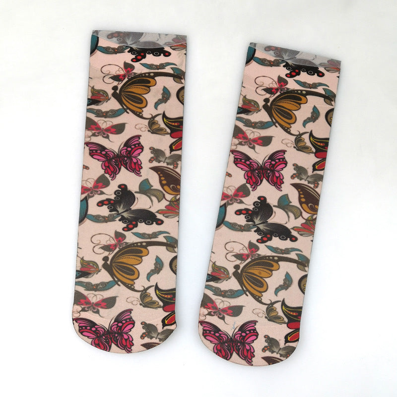 Autumn And Winter Medium Tube Stockings Elastic Retro Print Calf Socks Big Flower Pattern