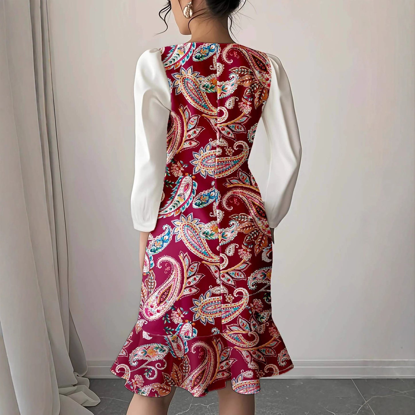 Color-block Lantern-sleeve Waist-cinched Elegant Mermaid Dress