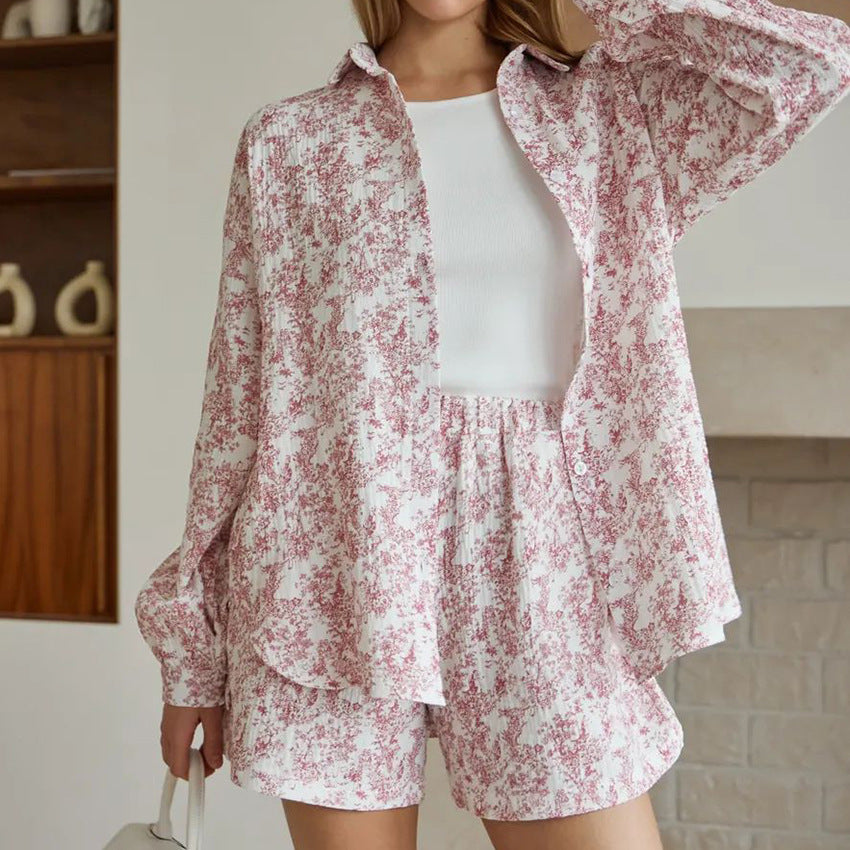 Printed Cotton Sleepwear With A Turn-down Collar, Long Sleeves And Shorts