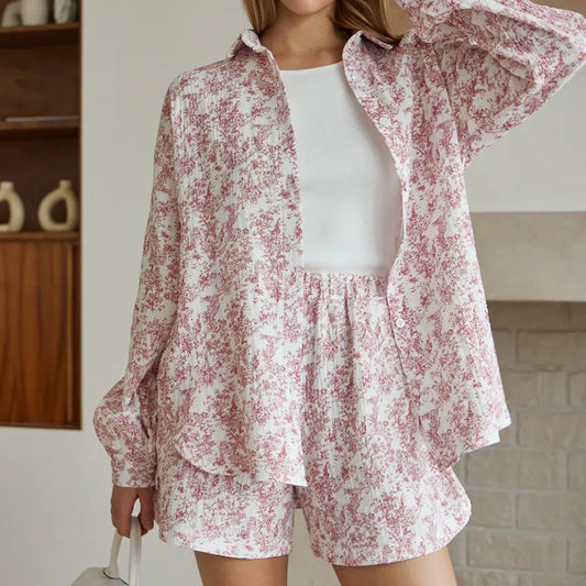 Printed Cotton Sleepwear With A Turn-down Collar, Long Sleeves And Shorts