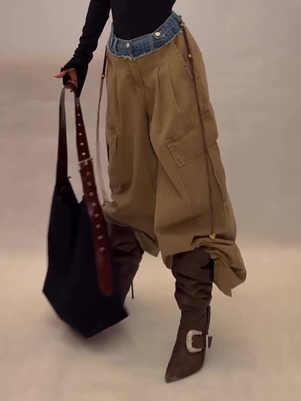 Khaki Denim Panel Drawstring Wide-Leg Cargo Pants
