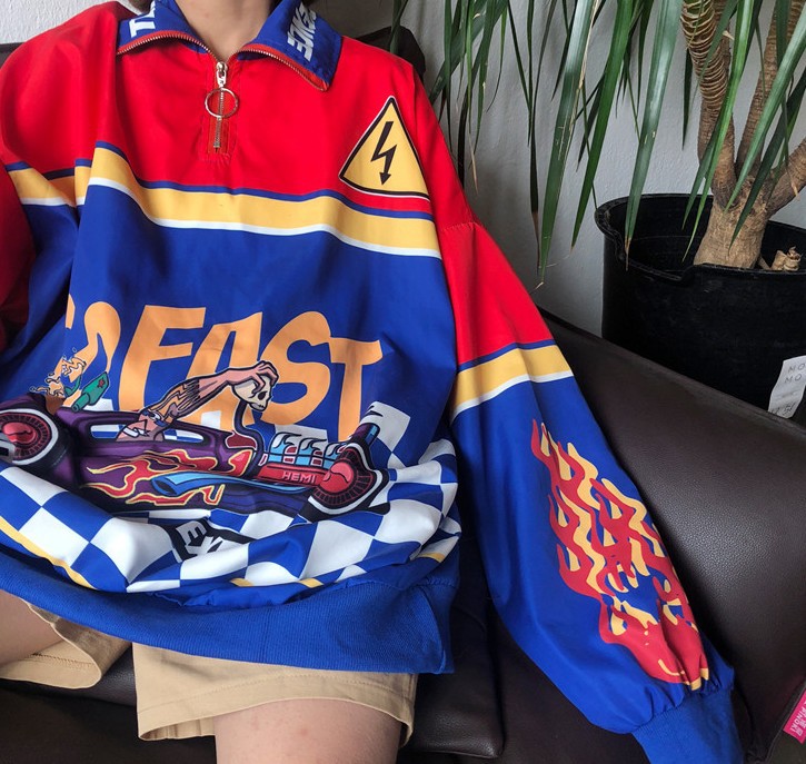 Harajuku BF Style Gade Retro Racing Print Lapel Løs Herre og Dame Pullover Sweaterfrakke