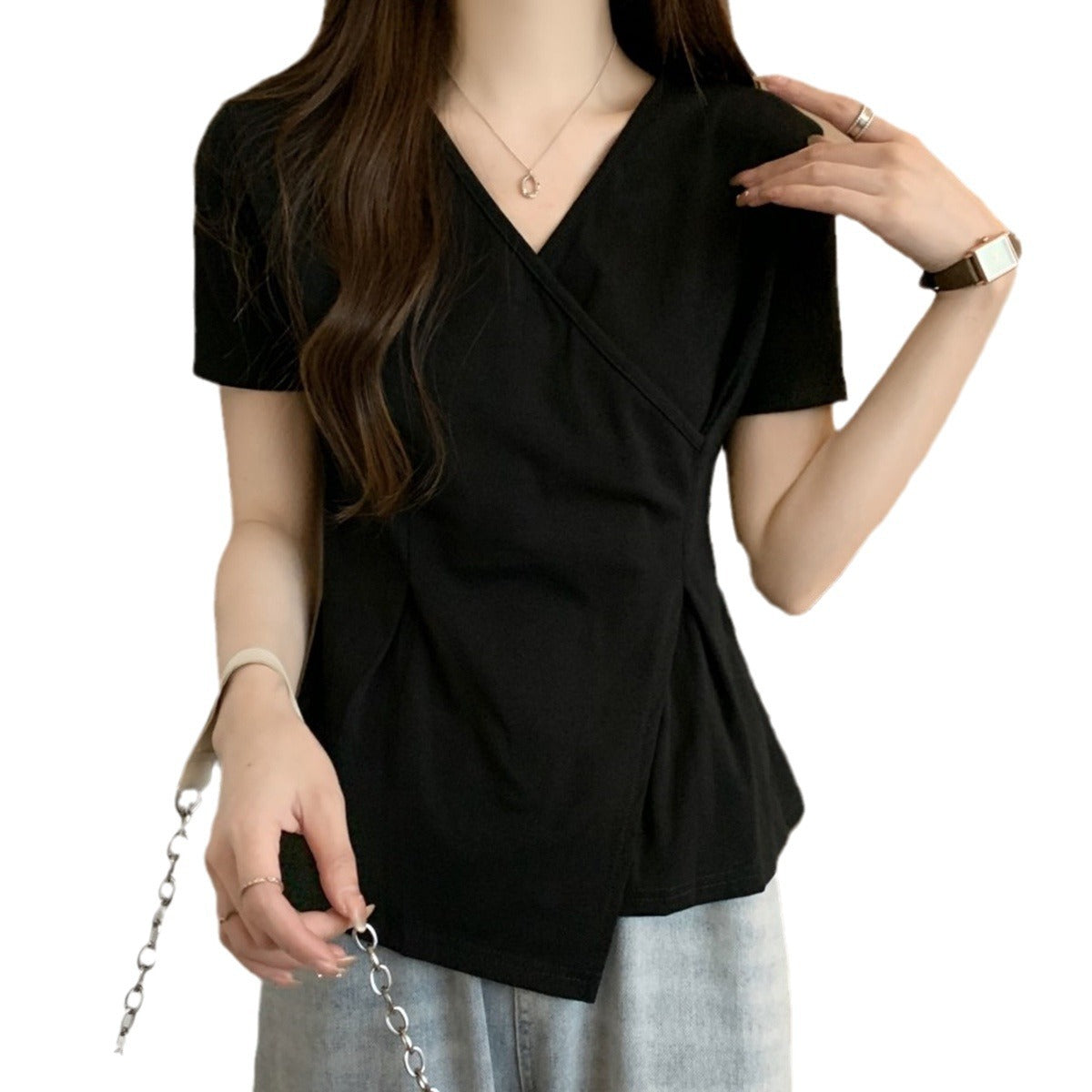 Irregular Bottoming Shirt Shoulder V-neck All-matching Short Sleeve