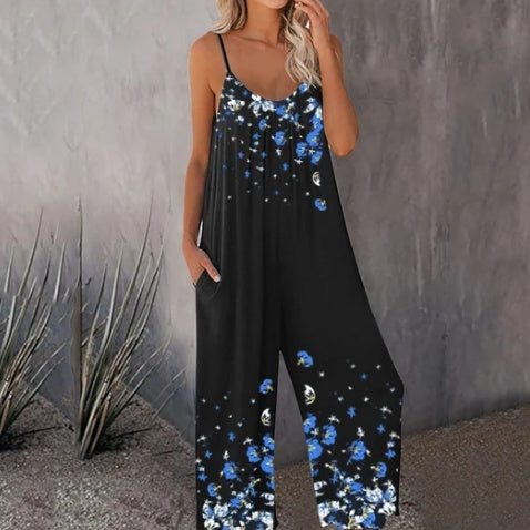 Summer New Style Cross-border Foreign Trade Printed Pocket Casual Jumpsuit