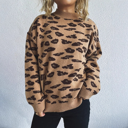 Casual Contrast Color Round Neck Vintage Jacquard Long Sleeve Warm Sweater