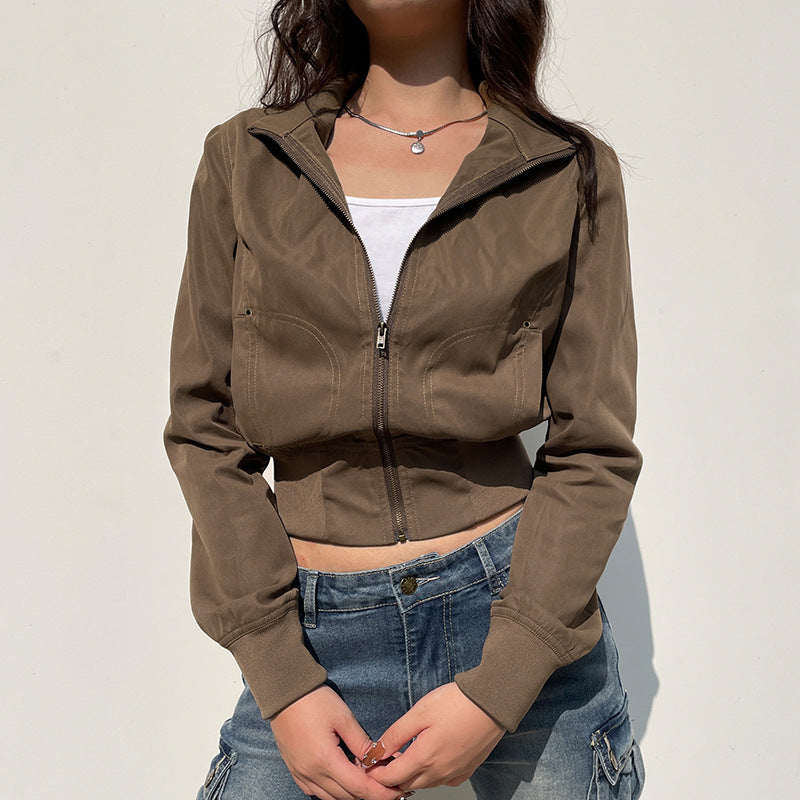 Retro Waist-controlled Zipper Stand-up Collar Jacket