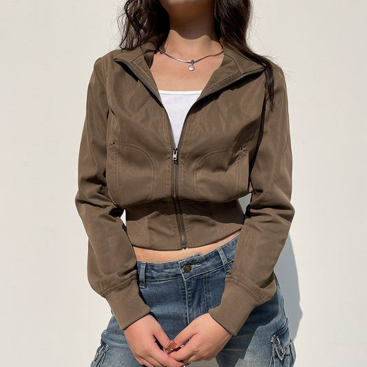 Retro Waist-controlled Zipper Stand-up Collar Jacket