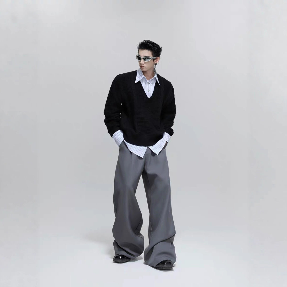 Mock Two-piece V-neck Sweater Featuring A Cable-knit Design