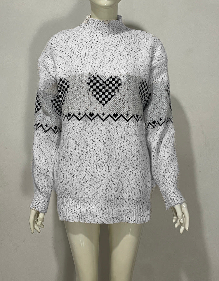 Embroidered Jacquard Pullover Loose Bottoming Shirt Mock Neck Sweater Coat