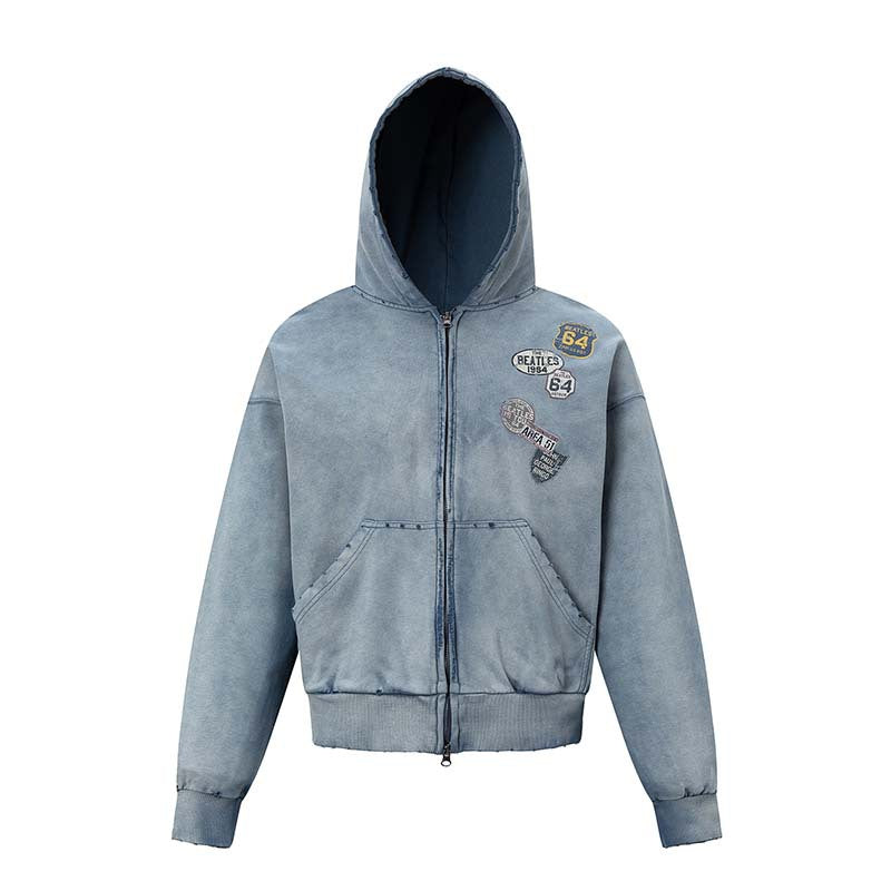 American-style Vintage DIY Badge-printed Washed-and-distressed Jacket