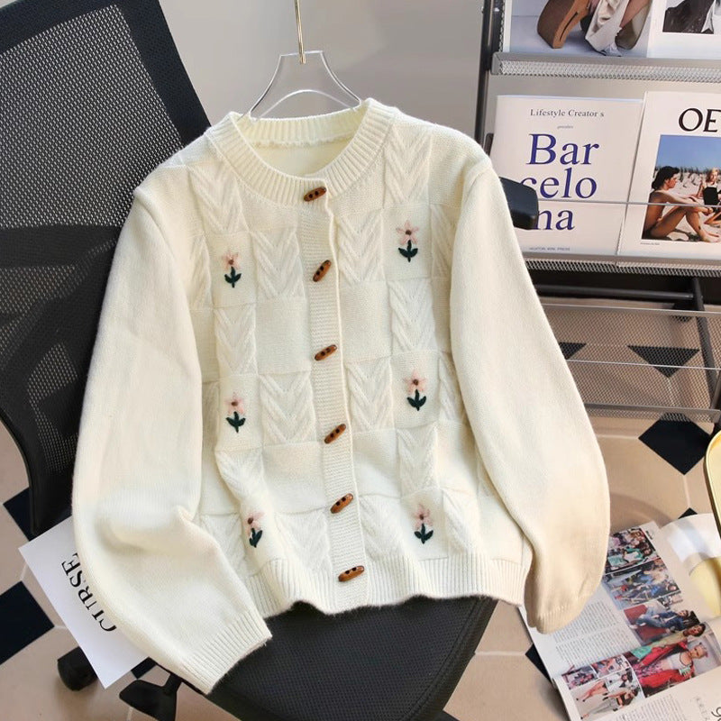 Retro Machine Embroidery Cable-knit Sweater Coat