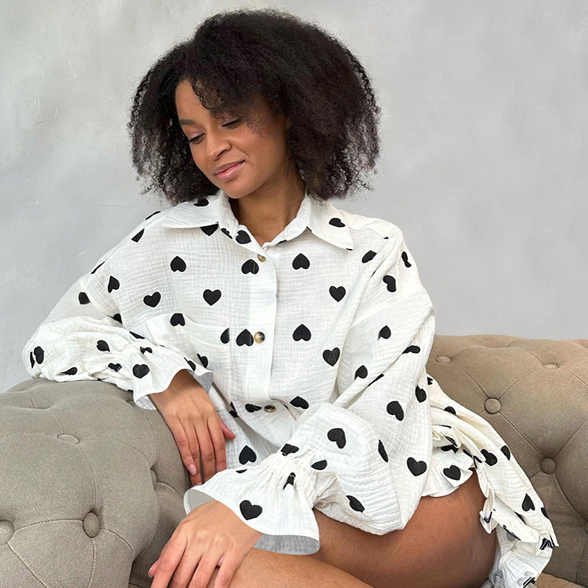 Spotted Print Long-Sleeve Shorts Loungewear Two-Piece Set