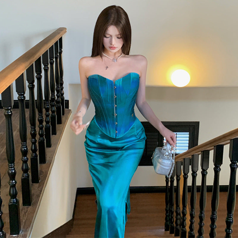 Sexy Fishbone Corset Satin Sheath Fishtail Mid-length Dress Set