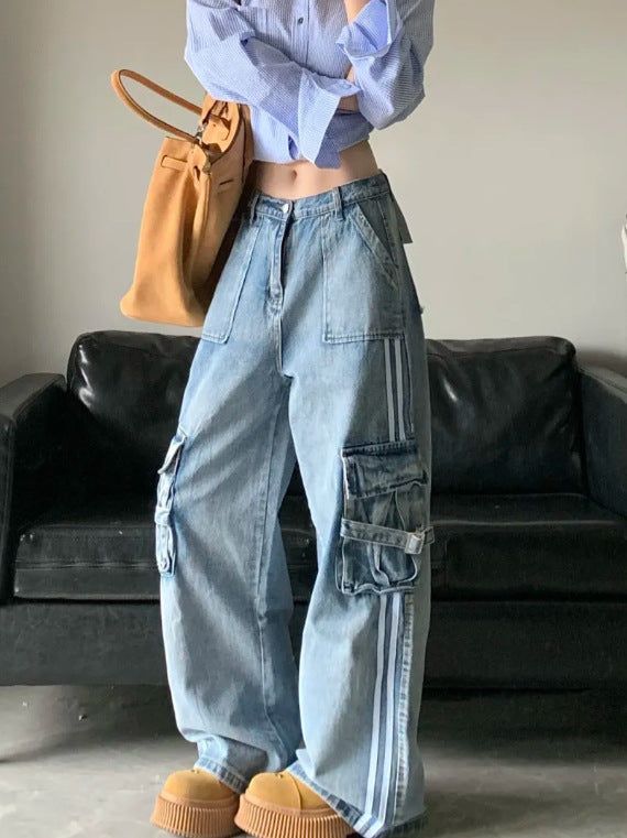 Retro American-style Side-striped Denim Jeans With A Design-forward Aesthetic