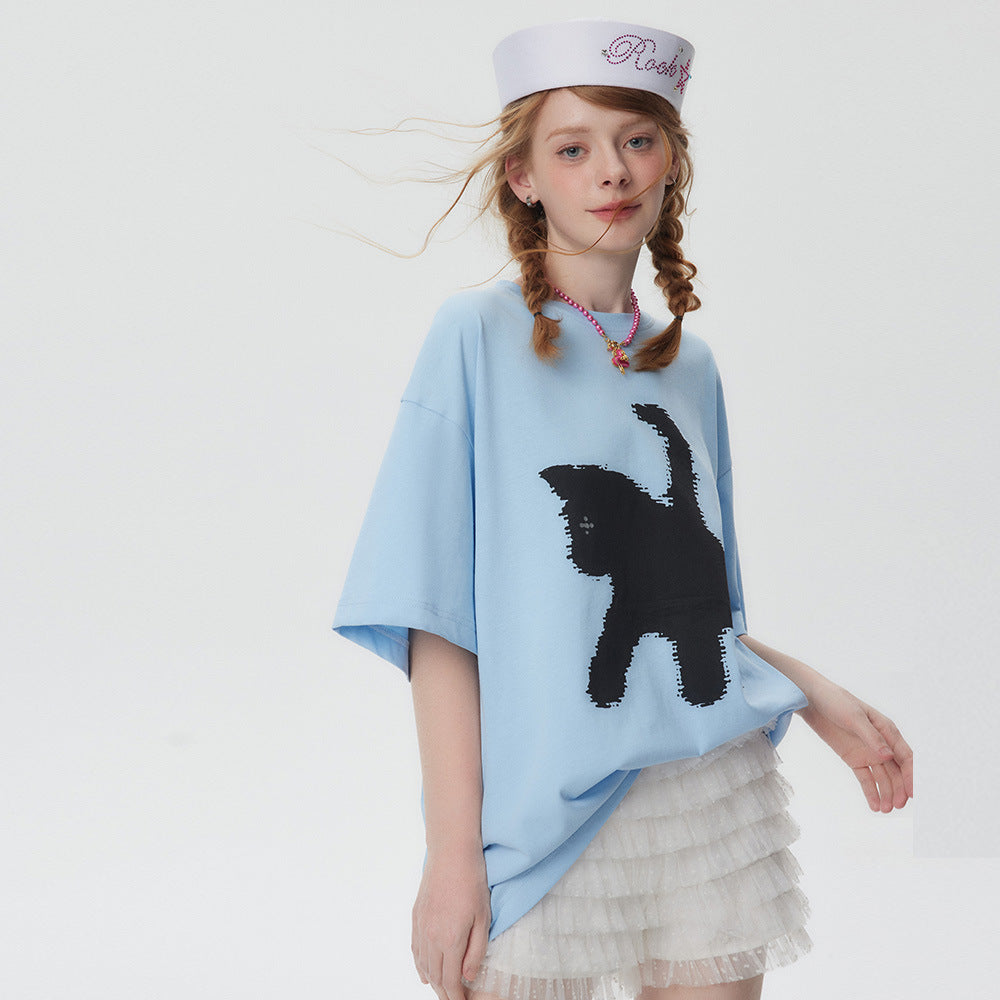 Women's Cartoon Silhouette Cat Printing Short-sleeved T-shirt