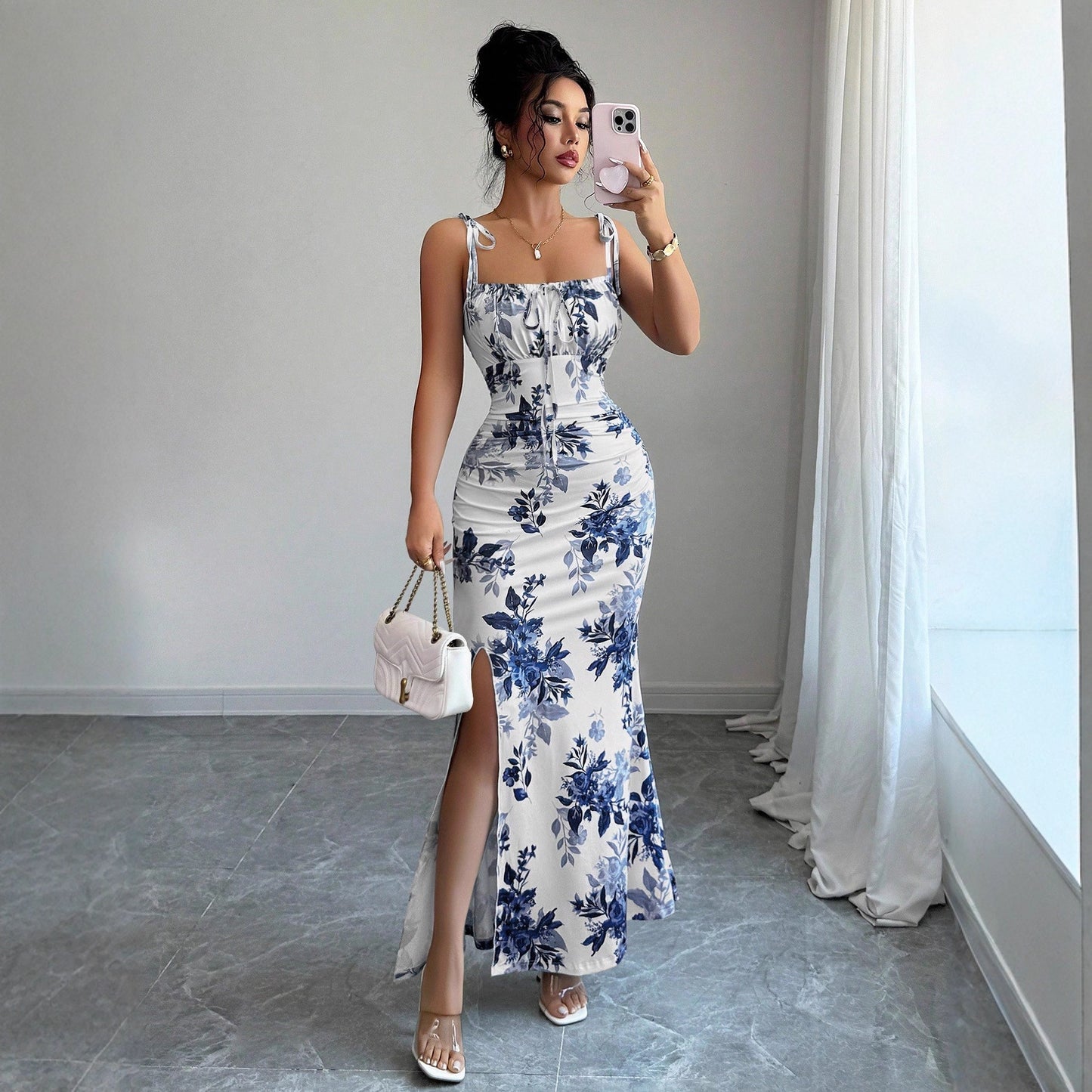 Printed Slip Dress, High-waisted Floral Maxi Dress