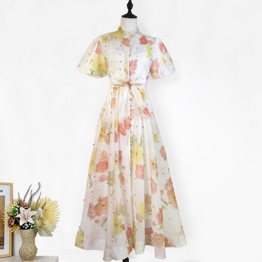 Womens Vintage-Style Floral Print Cinched Waist Dress
