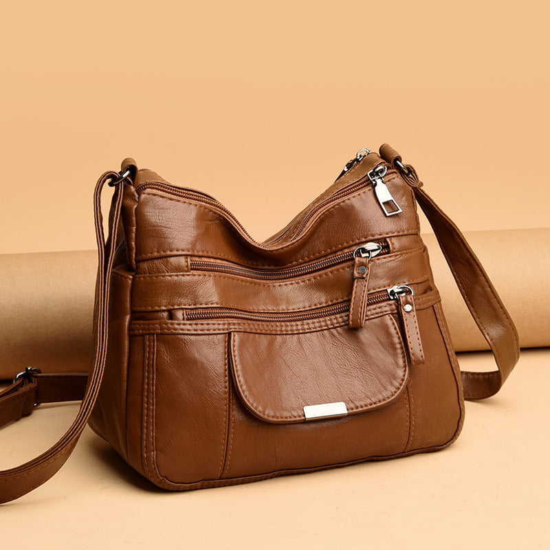 Versatile Washed Soft Leather One-Shoulder Crossbody Bag