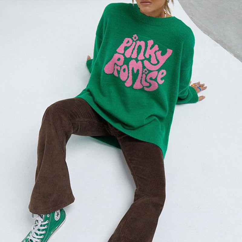 Round Neck Long Sleeve Letter Pattern Knitted Sweater Women's Pullover