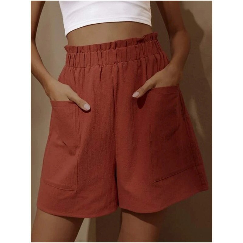 Solid-color High-waist Shorts Womens Wide-leg Pants