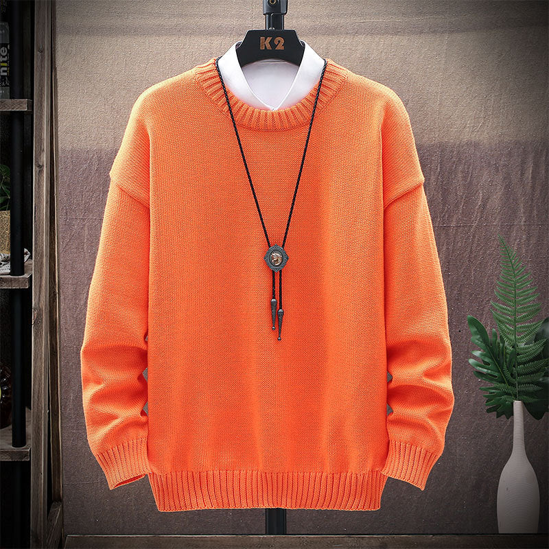 Men's New Casual Round Neck Brown Long-Sleeved Pullover Loose Sweater