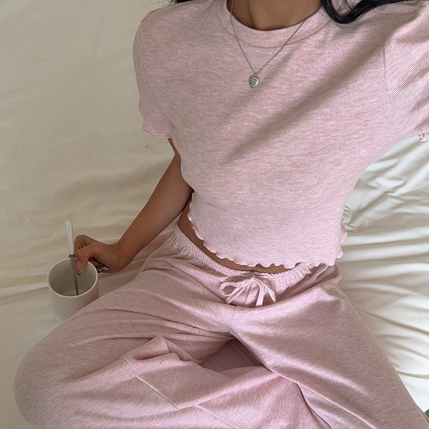 Plain Pink Striped Top And Pants Womens Pajama Set