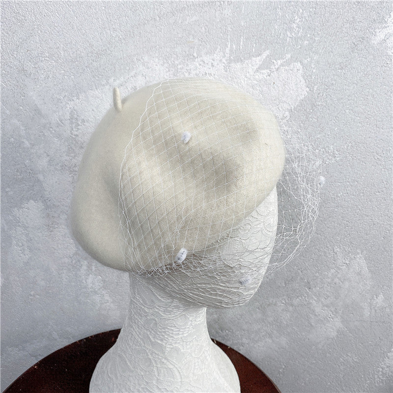 Vintage French Mesh Veil Pom Pom Versatile Wool Beret