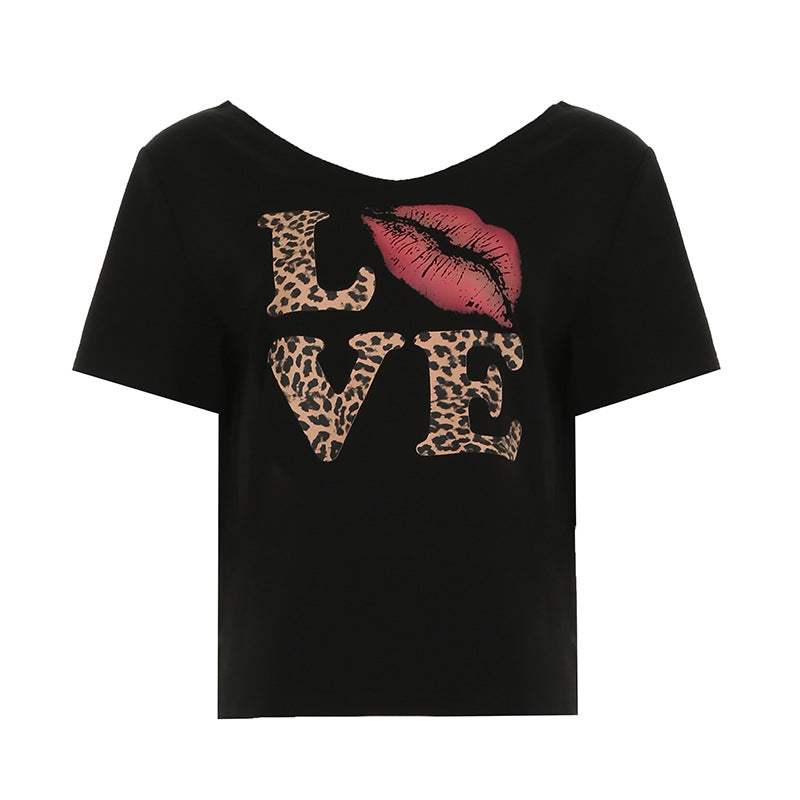Oblique Shoulder Big Neckline Leopard Print Letter Jacket
