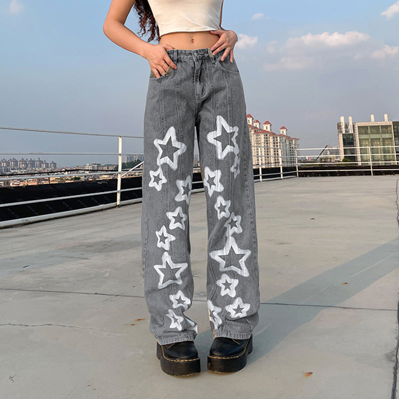 Five Pointed Star Printing Used Washed Jeans