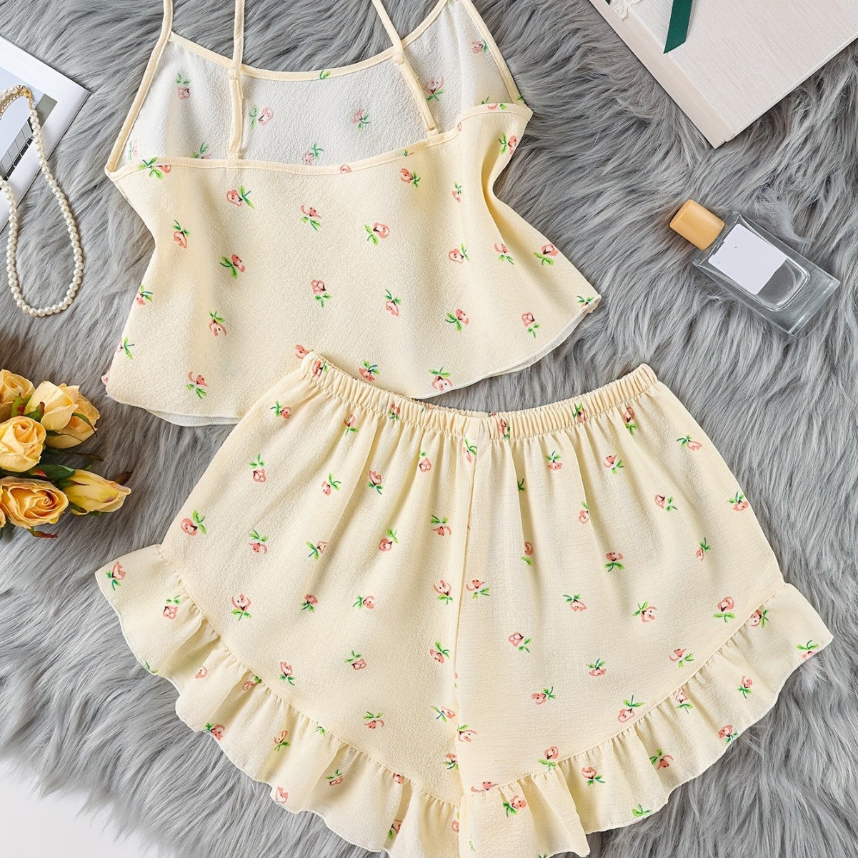 Womens Floral Bubble-Print Multi-Color Pleated Fabric Home Camisole Pajama Set