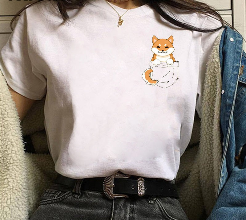 Cute Shiba Inu Print Men And Women Couple T-shirt Bottoming