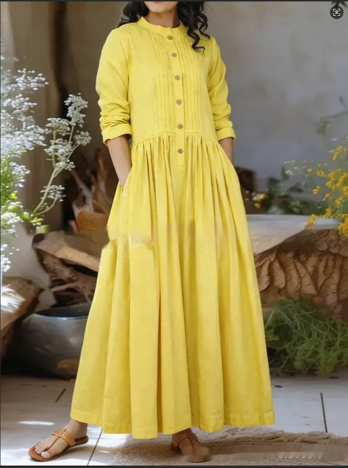 Womens Solid-Colored Stand-Up Collar Long-Sleeve Loose A-Line Dress