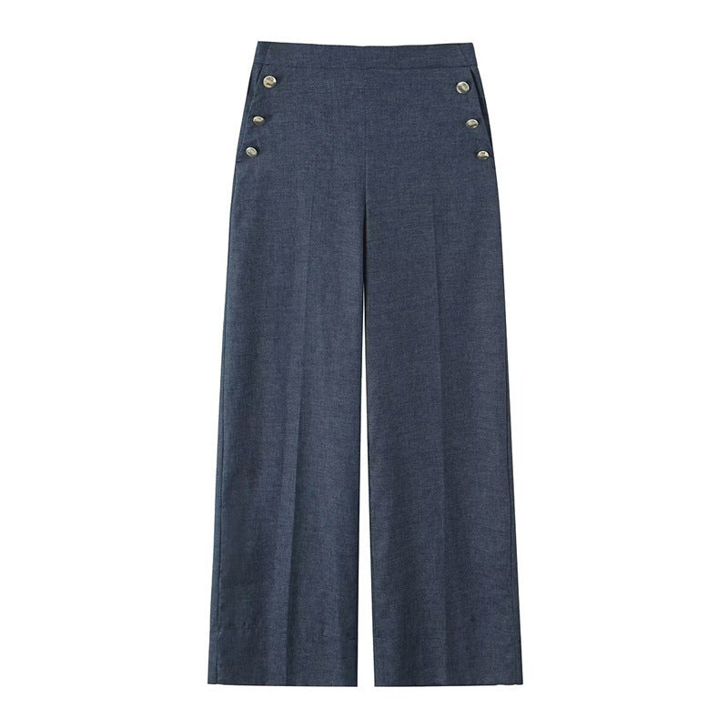 New Spring And Autumn Linen Button Decoration Wide Leg Pants