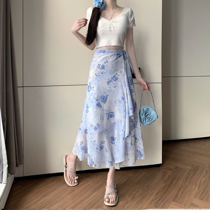 Summer Elegant Printed Chiffon Skirt One-Piece Lace-Up Apron