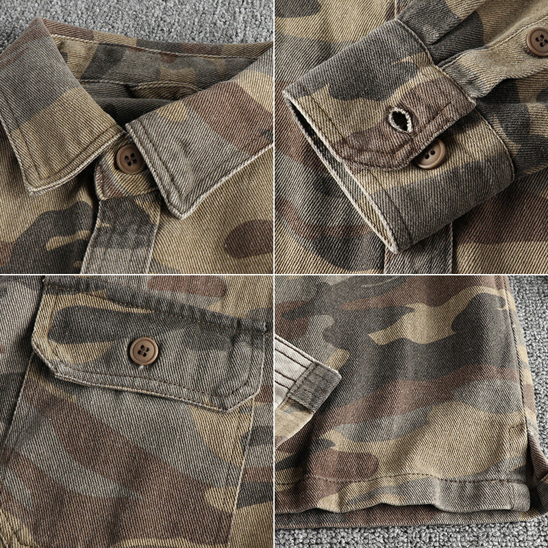 Washed Out Vintage Cotton Workwear Long-sleeved Shirt Coat