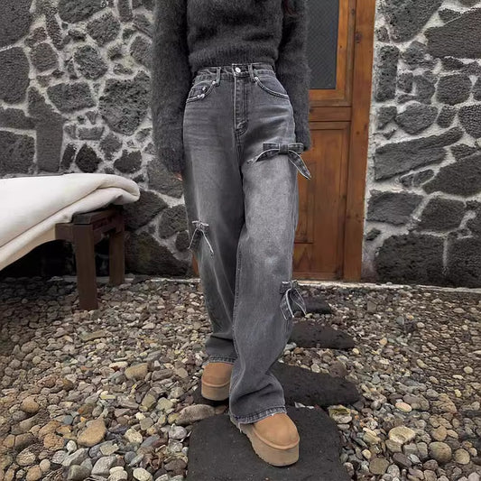 High Waist Slimming Casual Straight-leg Bow Washed Jeans Women's Pants