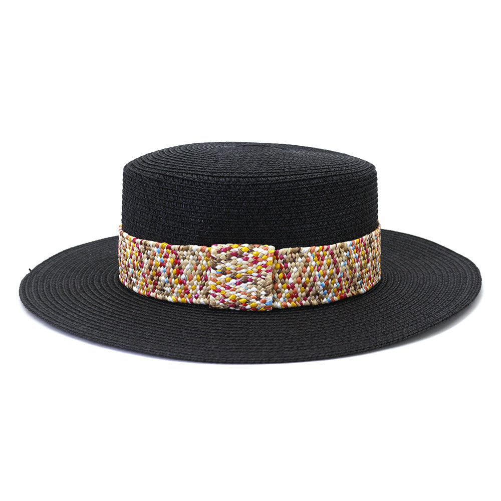 Color Flat Top Straw Hat Outdoor Travel Sunscreen