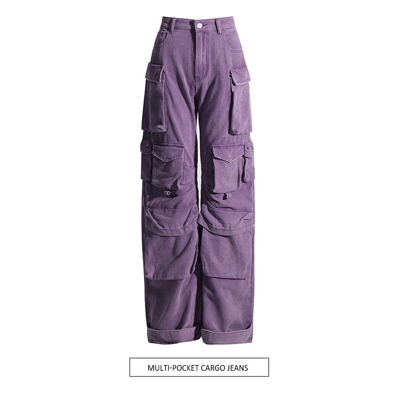 Women's High Waist Straight Cargo Jeans