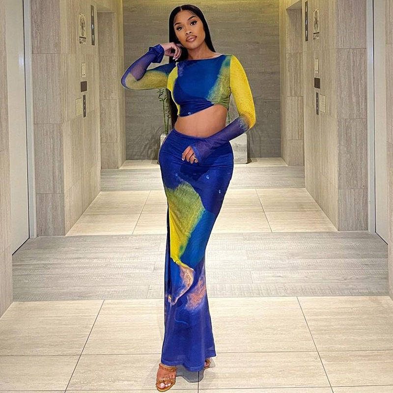 Printed Tight Skirt Suit Bell Sleeve Pleated Short Top