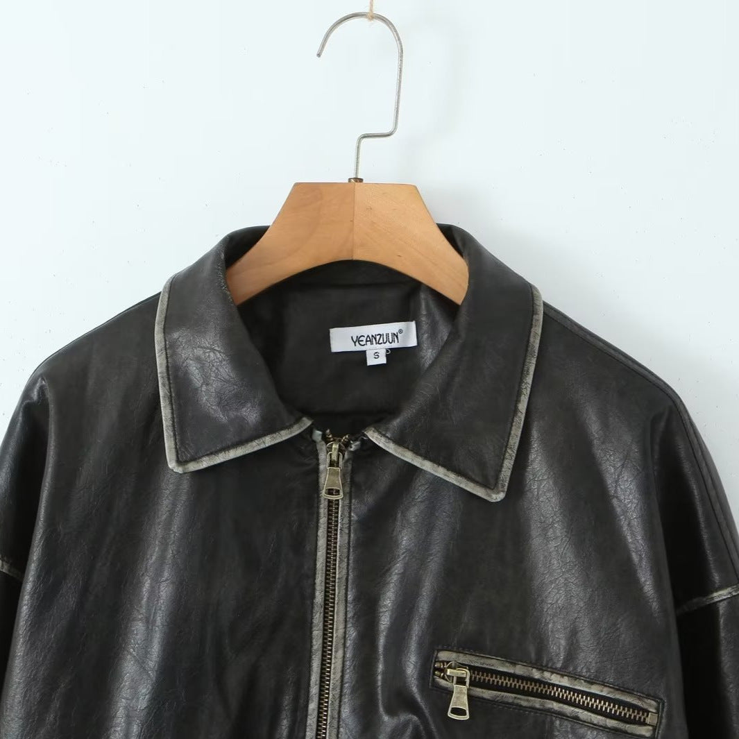 Lapel Long Sleeve Zipper Brushed Leather Coat