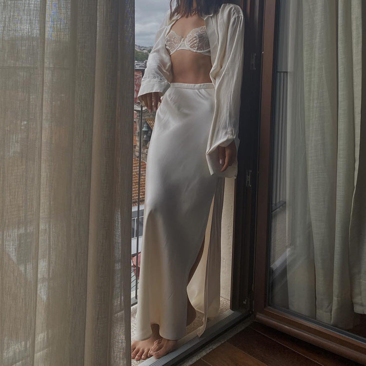 Satin Draping Side Slit High Waist Maxi Skirt