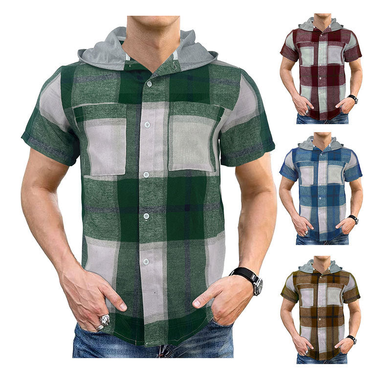 Casual Hooded Business Men's Short-sleeved Plaid Shirt