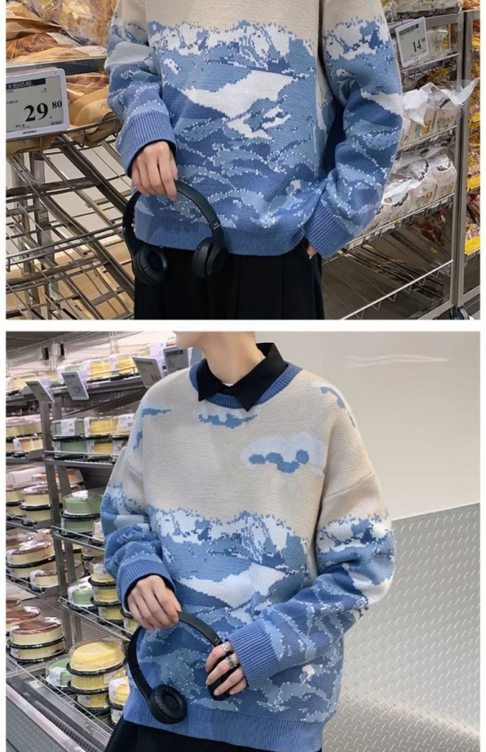 Amerikansk Modebrand Retro Snow Mountain Tie-dye Crew Neck Pullover Sweater