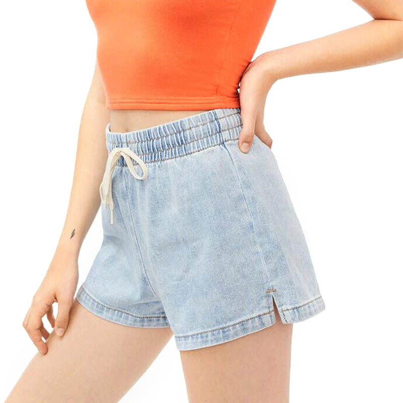 Multicolor Elastic Waist Women's Mid-rise Denim Shorts