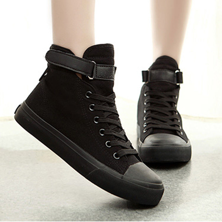 High-top Women's Shoes All Black Canvas British Style