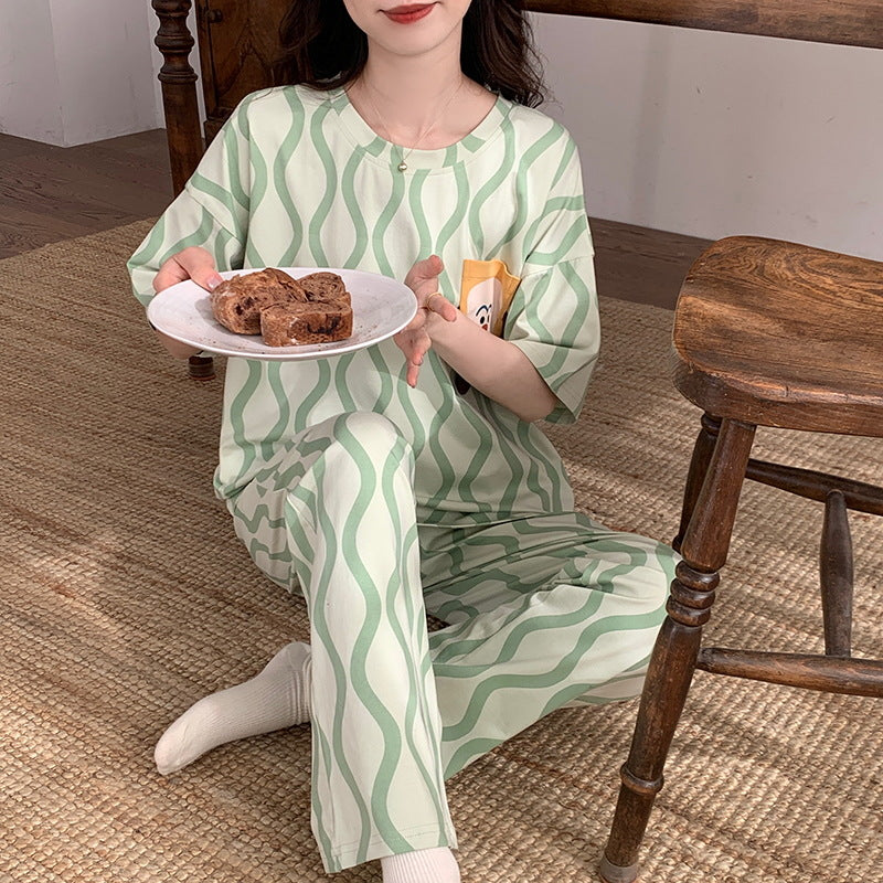 Summer Pajamas Women's Short-sleeved Trousers Cotton Two-piece Set
