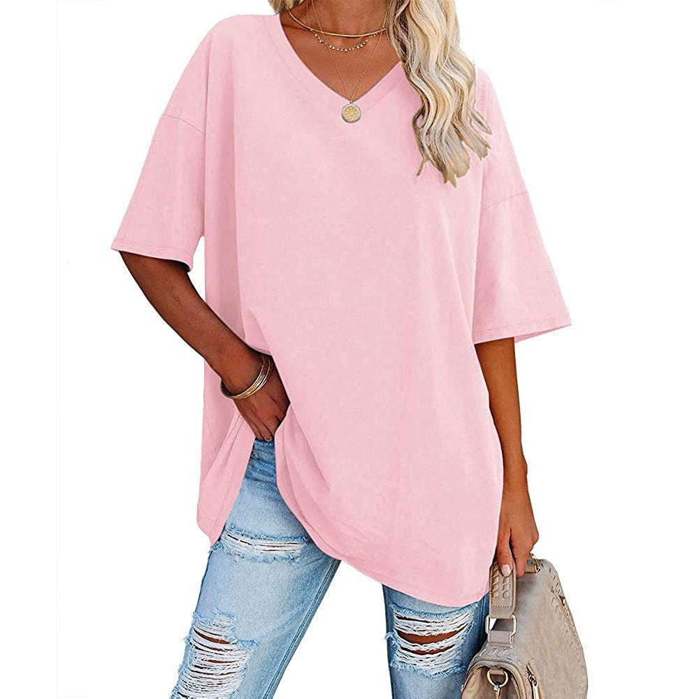 European And American Women's Loose Short-sleeved V-neck T-shirt