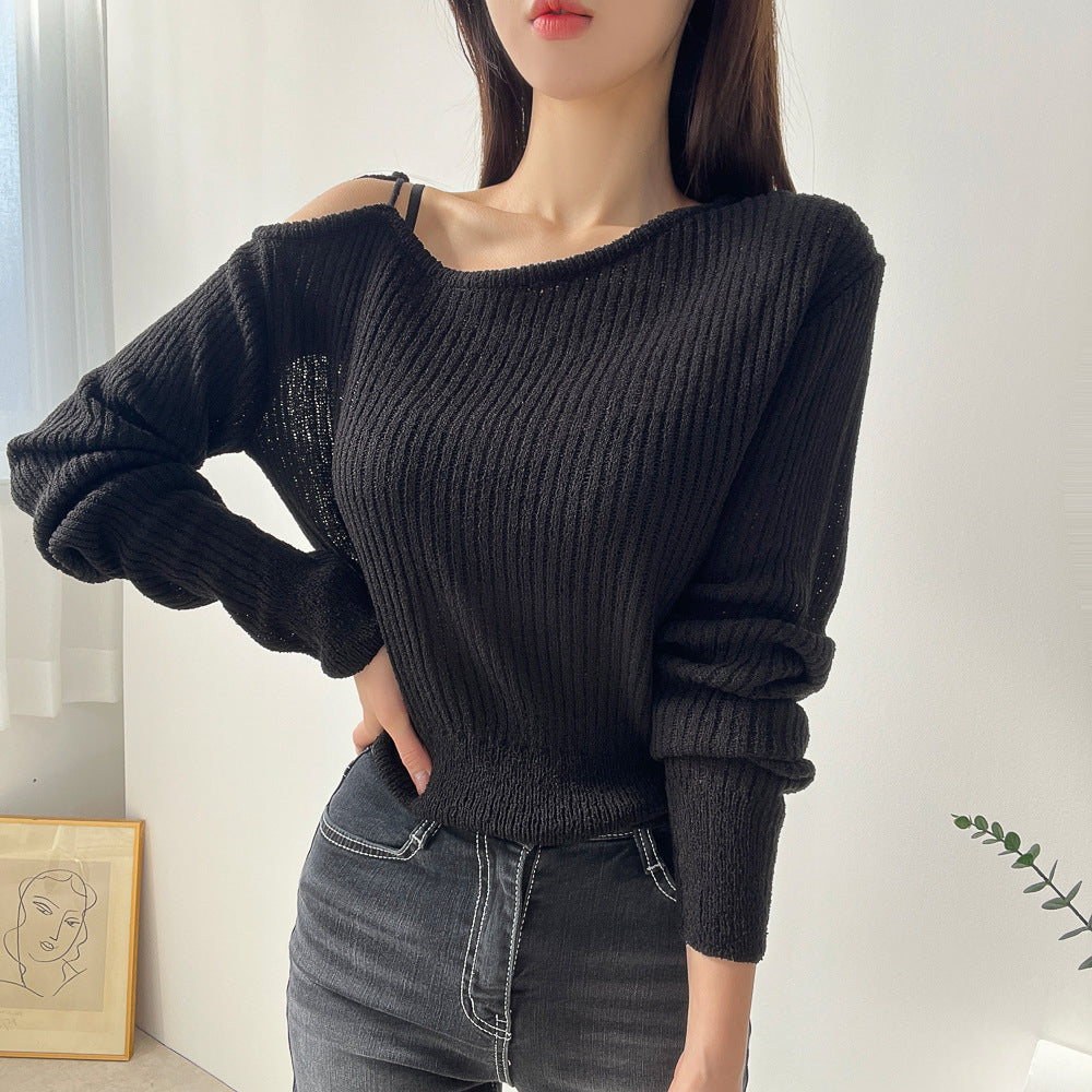 Lace-up Design Sunken Stripe Long-sleeved Sweater Women's Top