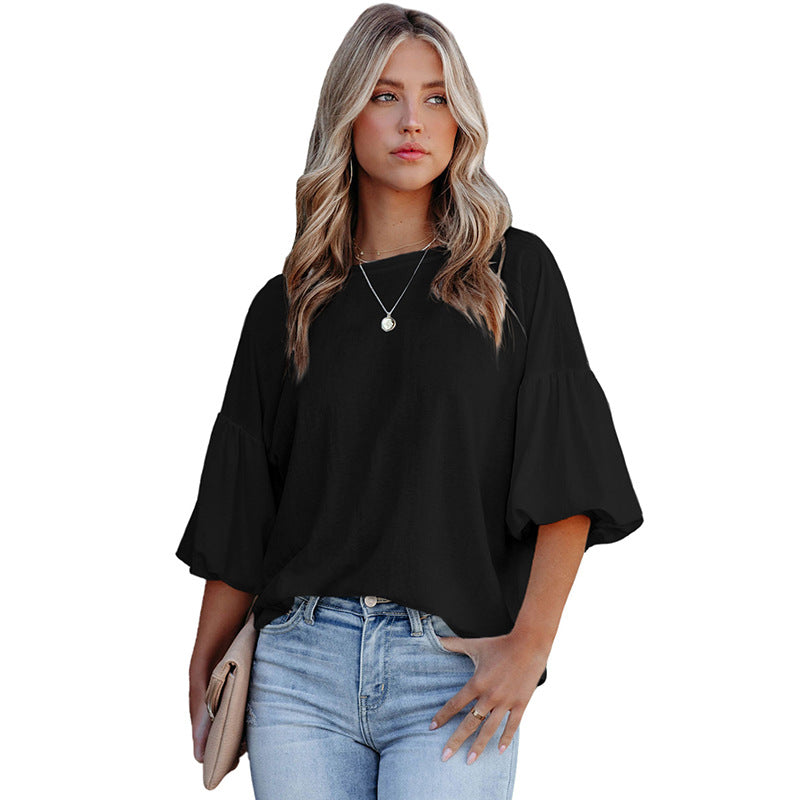 Summer New Puff Sleeve T-shirt Female European And American Casual Crew Neck Top
